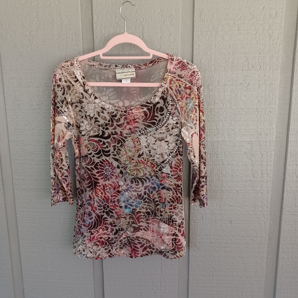 Carrie Allen Paisley Velvet Burnout Top Size M Women Stretch Pullover 3/4 Sleeve
